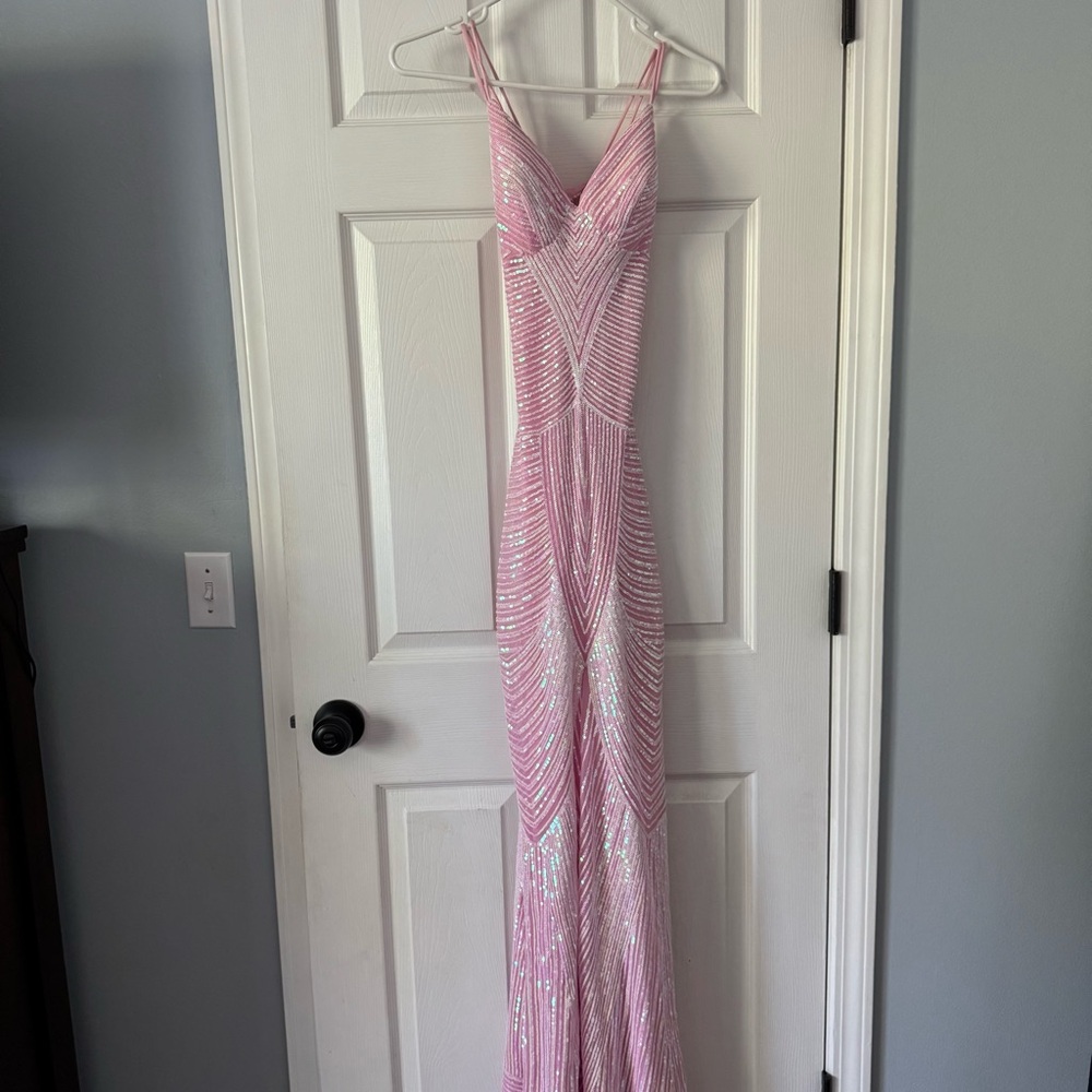 Windsor Pink Sequin Mermaid Style Open Back Dress with Slight Plunging Neckline